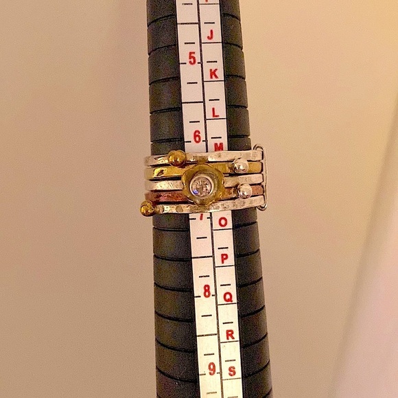 ✅Stacked silver (925) & plated rings w/ centre flower & pink CZ stone. 🌸 - Picture 1 of 8